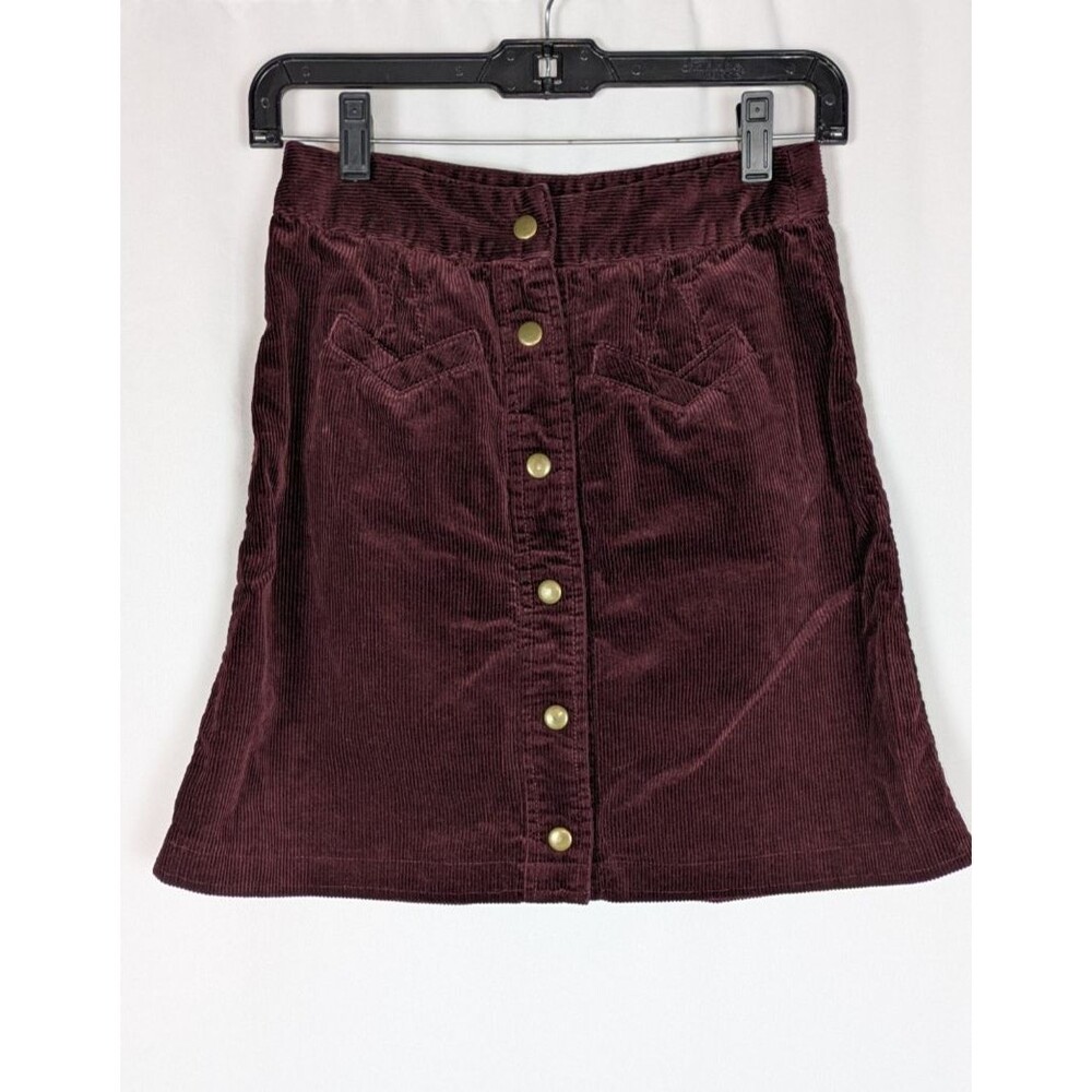 Holding Horses A Line Skirt 0 Women's Burgundy Corduroy Snap Button Front Mini